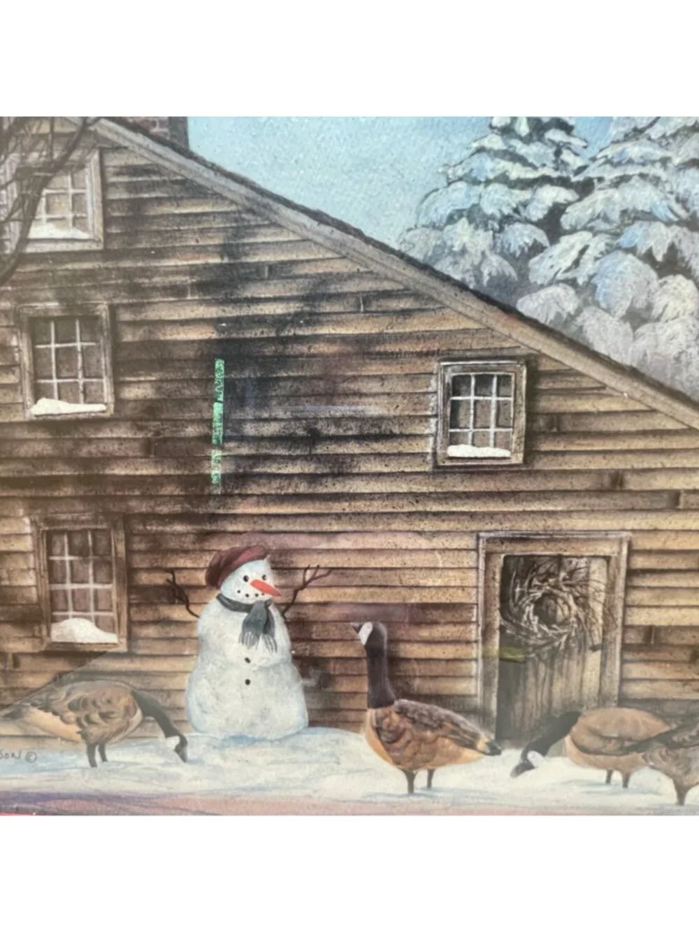 Framed Winter Scene Print by C. Sampson Featuring Snowman & Geese with Rustic Ba